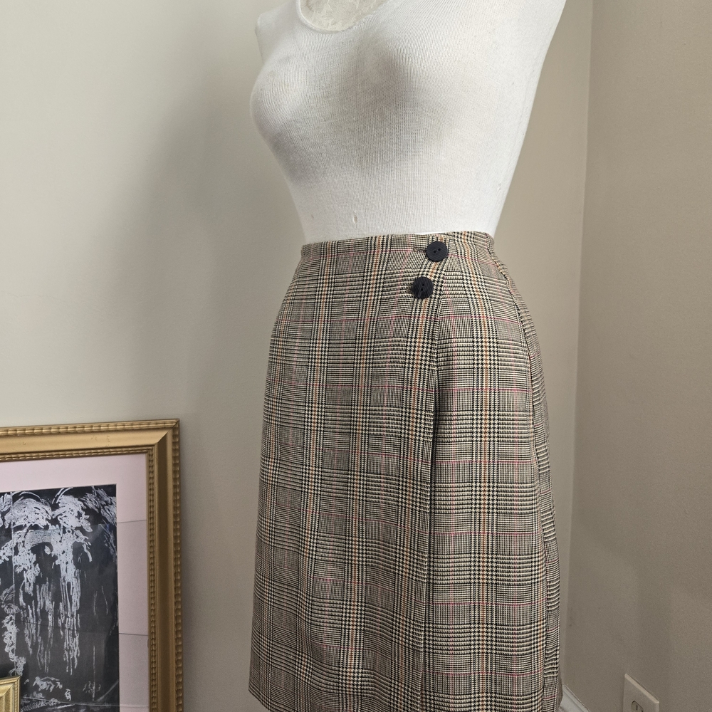 Vintage Ellen Ashley Plaid Button-Detail Wrap Skirt W/ Lining